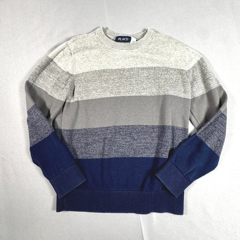 The Children's Place Boys Gray Navy Blue Striped Crewneck Sweater Sz 7/8 Preppy